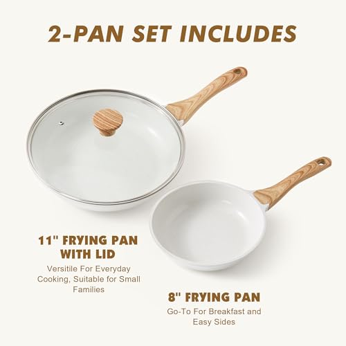 SENSARTE Ceramic Nonstick Frying Pan Set White 8 & 11 Inch with Lid