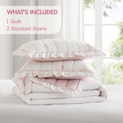 Pink Queen Size Embroidered Ruffle Quilt Set with Bow Details - 3 Piece