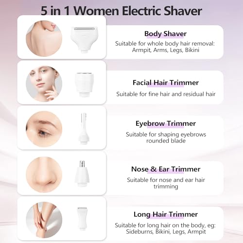 HaetFire Women's 5-in-1 Electric Shaver with Gold Trim, Waterproof Bikini & Face Trimmer