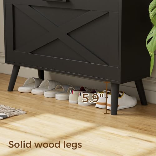 Homleke Farmhouse Shoe Storage Cabinet with Flip Drawers & Barn Door Design - Black