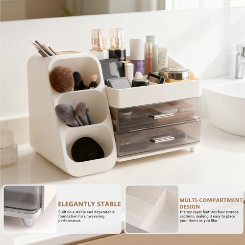 Homeanda Makeup Organizer with Drawers ? Large Cosmetic Storage Box for Vanity, Bathroom, or Bedroom, Perfect for Skincare, Brushes, Lipstick, Eyeshadow,and Beauty Essentials (White)