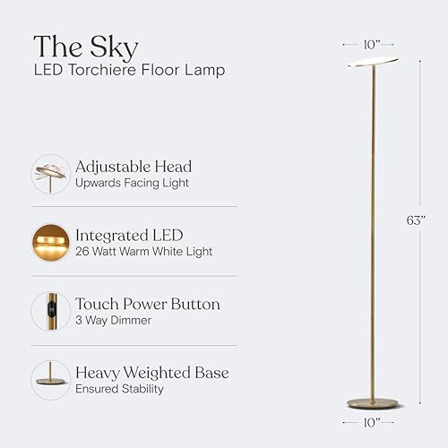 Antique Brass Brightech Sky LED Floor Lamp - Dimmable Tall Torch Light for Living Room & Bedroom