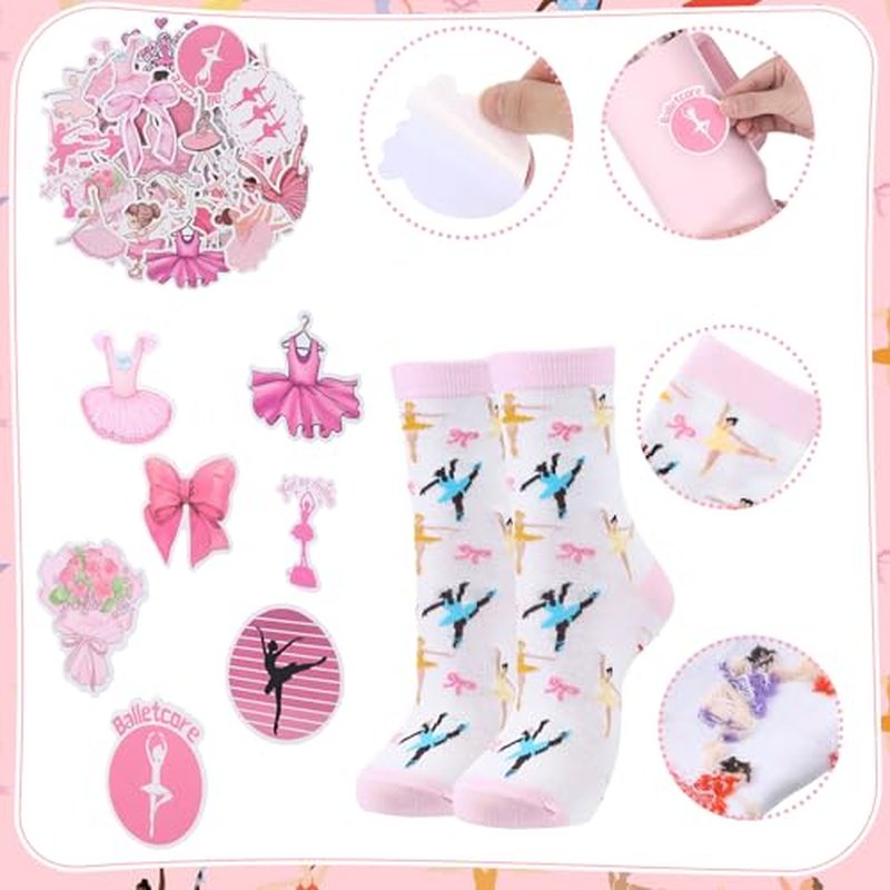 Jadive 4 Pcs Ballet Gifts Ballerina Dance Recital Gifts Set Canvas Makeup Bag Dance Stickers Necklace Socks for World Ballet Day Women Party Supplies Birthday Decorations