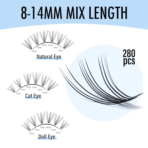 Lash Clusters Individual Lashes - 280pcs 20D Cluster lashes for DIY Lash Extensions -Super Thin & Soft Eyelashes 8-14mm C Curl Cluster Eyelash Extensions for Natural Wispy Look