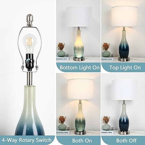 BesLowe 26’’ Tall Glass Table Lamps Set of 2 - Coastal White & Light Blue with USB & Nightlight