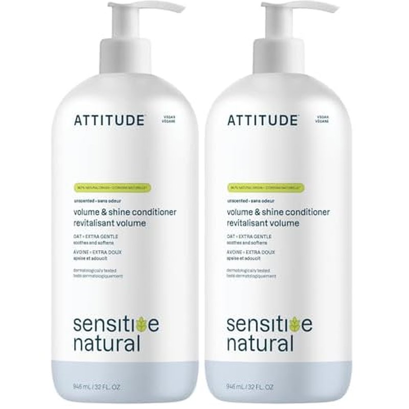 ATTITUDE Hair Conditioner for Sensitive Dry Scalp,Soothing Oat,Naturally Derived Ingredients,Dermatologically Tested,Vegan Detangler,Extra Gentle,Unscented,32 Fl Oz,(Pack of 2)