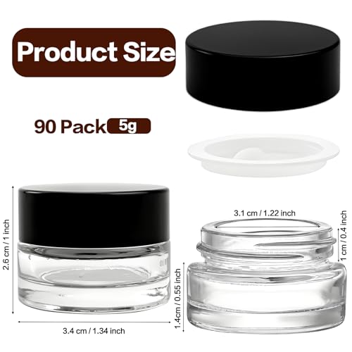 90 Pack 5ml Small Clear Jars with Black Lids, Empty Glass Cosmetic Containers with Liners Round Bulk Airtight Cream Bottle for Beauty Product Samples, Travel, Storing Lotions, Essences