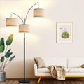 Nintiue Matte Black Floor Lamp with Beige Linen Shades - Dimmable 3-Light Arc Standing Lamp for Living Room & Bedroom