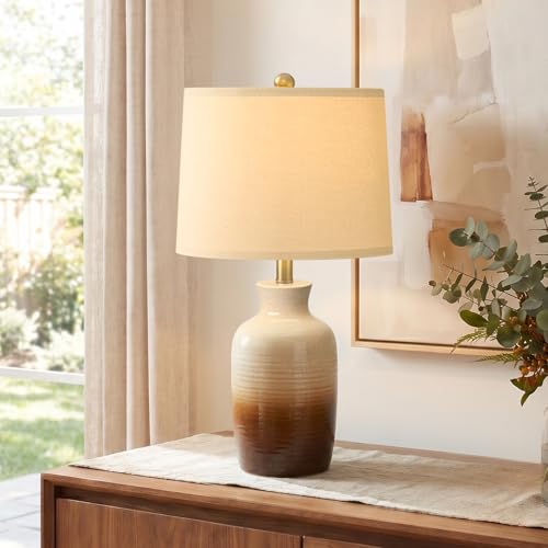 PoKat 24-Inch Farmhouse Ceramic Table Lamp - Beige & Brown Ombre for Living Room & Bedroom