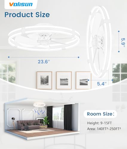 White 23.6 Inch Low Profile Ceiling Fan with Lights & Remote - Dimmable, Quiet, Flush Mount for Bedroom