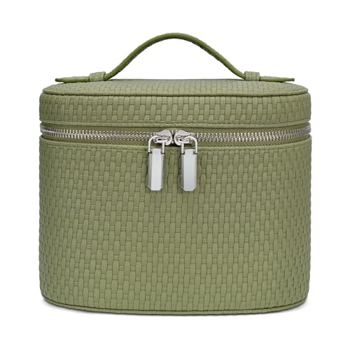 Honitty Small Weave Green Travel Makeup Bag with Compartments & Handle