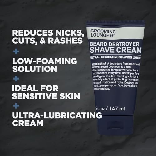 Grooming Lounge Beard Destroyer Shave Cream for Men - Bump, Irritation & Razor Burn Free Shaving Cream Sensitive Skin, Men Beard Care - Soft, Smooth, Easy Glide Low Shaving Foam Lather Formula - 5 Oz
