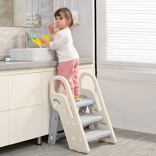 Gray Foldable 3-Step Stool for Kids Bathroom Sink & Kitchen Helper - Adjustable & Space-Saving