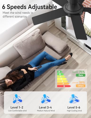 44 Inch Black Ceiling Fan with Lights and Remote - Dimmable, Quiet, Reversible, Low Profile