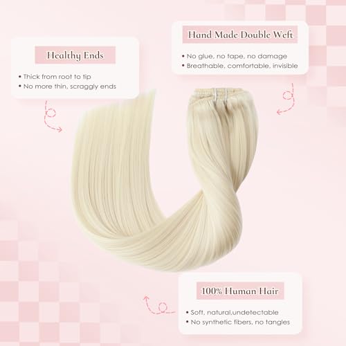 Hyssiet 16 Inch Platinum Blonde Remy Human Hair Clip-In Extensions 75g - 7 Pieces with 16 Clips