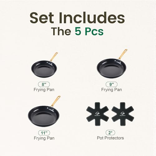 Chef Power Non-Stick Ceramic Frying Pan Set - Stone Black & Light Gold, 8/9/11 Inch Skillets