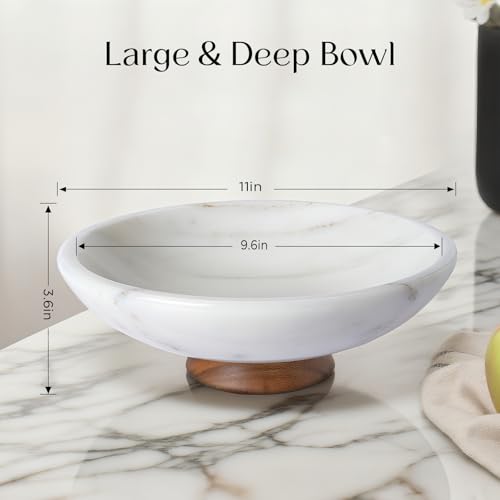 White Marble Fruit Bowl with Acacia Wood Pedestal - Large Decorative Kitchen Counter Centerpiece - 11 Inch