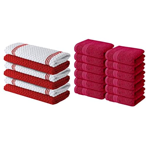 Infinitee Xclusives Premium Red Kitchen Towels ? Pack of 6, 100% Cotton 15 x 25 Inches Absorbent Dish Towels + Washcloths Set ? Pack of 12, 13x13 Inches 100% Cotton Wash Cloths