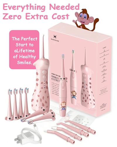 Pink Kids Water Flosser & Electric Toothbrush Combo for Ages 6-12 - Braces-Friendly Giraffe & Monkey Design