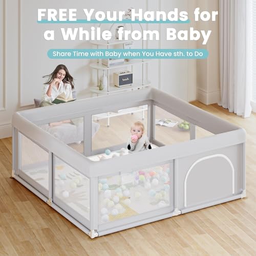 Baby Playpen with Mat and Ocean Balls - Light Grey + 50x50 Inch Play Area