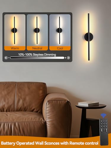 Black 24-inch Battery Operated Wall Sconce Set of 2 with Remote & Touch Control - Modern Rechargeable Lighting
