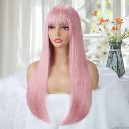 Pink Long Straight Wig with Bangs for Women 24 Inch Heat-Resistant Synthetic Cosplay Halloween