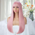 Pink Long Straight Wig with Bangs for Women 24 Inch Heat-Resistant Synthetic Cosplay Halloween