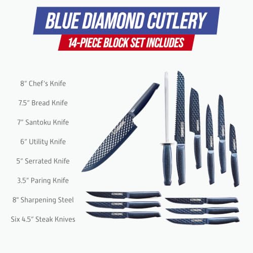 Blue Diamond Sharp Stone 14-Piece Knife Set with Wood Block - PFAS-Free Diamond Textured Stainless Steel Knives