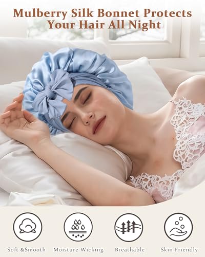 Ufgin 100% Mulberry Silk Sleep Bonnet for Women Double Layer Haze Blue & Sky Blue