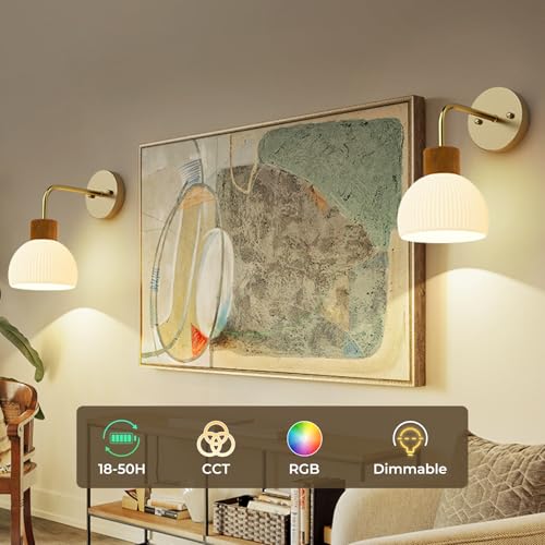 Glass Battery Operated Wall Sconces Set of 2 - Gold, Rechargeable, Dimmable with Remote & Timer