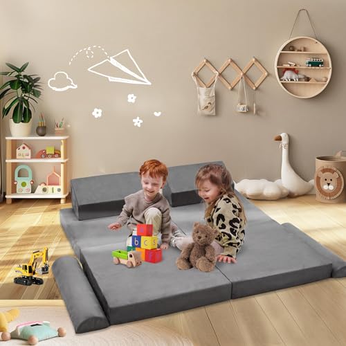 Grey 8-Piece Modular Kids Play Couch Convertible Foam Sofa Washable Cover