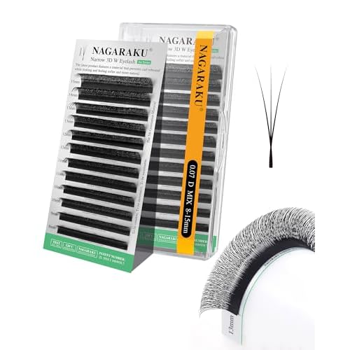 NAGARAKU Narrow 3D W Eyelash Extension, Small Spacing 3D Clover Lash Supplies Natural Soft Premade Fans PBT Cluster W Shape Lash Easy Fanning yy False Lashes Makeup Solon Matte Black - 0.07D 8-15 Mix