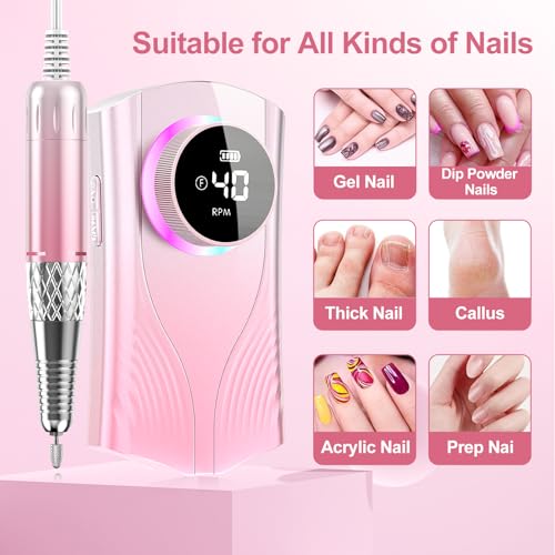 Electric Nail Drill Machine Professional, Cordless Rechargeable Nail Drill Kit Low Heat Quiet E-File for Acrylic Gel Polishing Removing with Bits Kit for Manicure Salon Home (Pink)