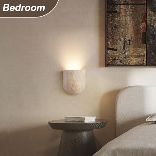 Half Bowl Travertine Wall Sconce - Up Light Only, 6.1 Inch Natural Stone Minimalist Wall Lamp with G9 LED Bulb