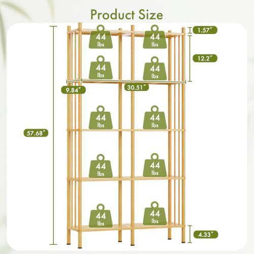 Natural 5-Tier Bamboo Book Shelf - Tall Wide Bookshelf with 10 Adjustable Shelves