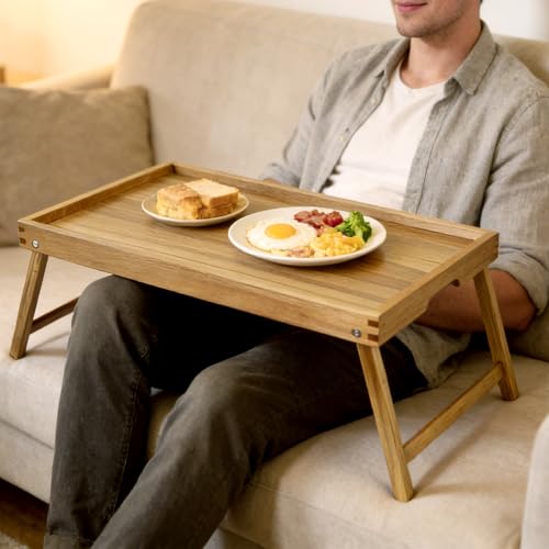 VaeFae Extra Large Acacia Bed Tray Table with Folding Legs – Multifunctional Serving & Breakfast Tray