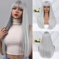 Gray White Wig with Bangs - 24 Inch Long Straight Synthetic Heat-Resistant Hair for Women - Variation: Gray White