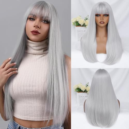 Gray White Wig with Bangs - 24 Inch Long Straight Synthetic Heat-Resistant Hair for Women - Variation: Gray White