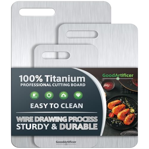 GoodArtificer Titanium Cutting Board Set of 3 - Double-Sided Non-Toxic Kitchen Boards, Silver, 16x10/13x8/10.5x6.5 inches