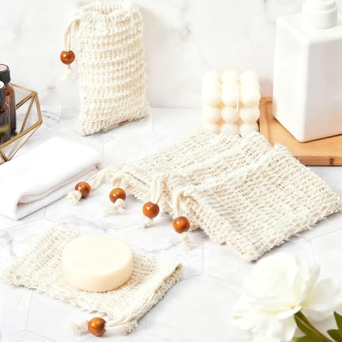 80 Pack Soap Saver Bag Mesh Exfoliating Bar Soap Pouch Natural Sisal Soap Saver Bag with Drawstring Foaming and Drying Holder for Shower Kitchen Bathroom Travel