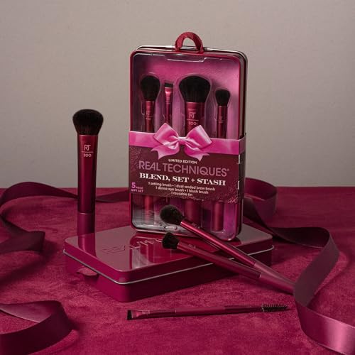 Real Techniques Blend, Set + Stash 5 Piece Holiday Makeup Brush Set with Storage Tin, Face & Eye Brushes for Foundation, Powder, Brows & Eyeshadow, Gift for Her, Cruelty-Free & Vegan