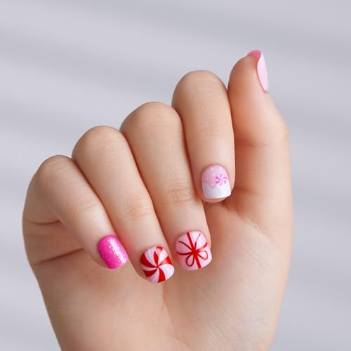 KISS imPRESS MINI Holiday Press On Nails for Kids, ¡®Frostsnow¡¯, Pink, Child Size, Squoval Shaped, Mess-Free, Mom Approved, Non-Toxic, Breakaway Application Tabs, Nail File, 20 Fake Nails