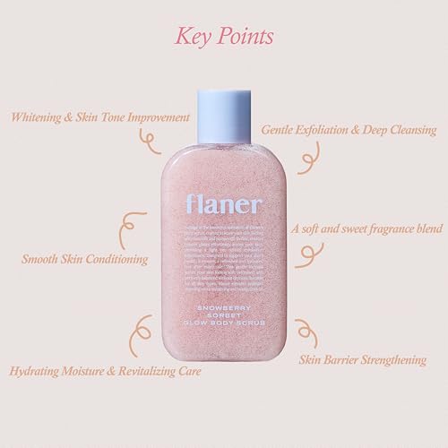 FLANER Snowberry Sorbet Glow Body Scrub ? Gentle Exfoliating Scrub, Brightening & Hydrating Formula with 9,800ppm of White Strawberry Water and Niacinamide, Korean Body Wash for Silky Soft Skin