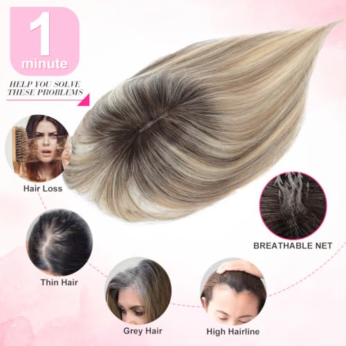 LittleLika 2T613# Human Hair Topper for Women 10 Inch Swiss Base 3D 360° Coverage