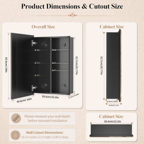 Matte Black Frameless Aluminum Medicine Cabinet 16x24 with Beveled Mirror