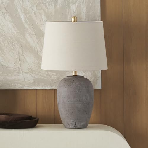 Rustic Farmhouse Ceramic Table Lamp with Beige Linen Shade - 23 Inch Greyish Brown