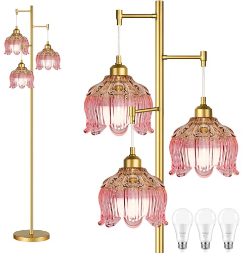 QIYIZM 14- Floor Lamp Pink Mid Century Modern 3-Head Brass Tree Floor Lamp