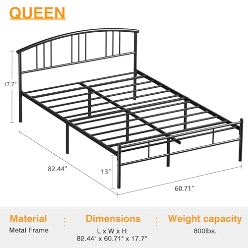 Black Queen Metal Bed Frame with Headboard & Footboard, 14 Inch Platform Support