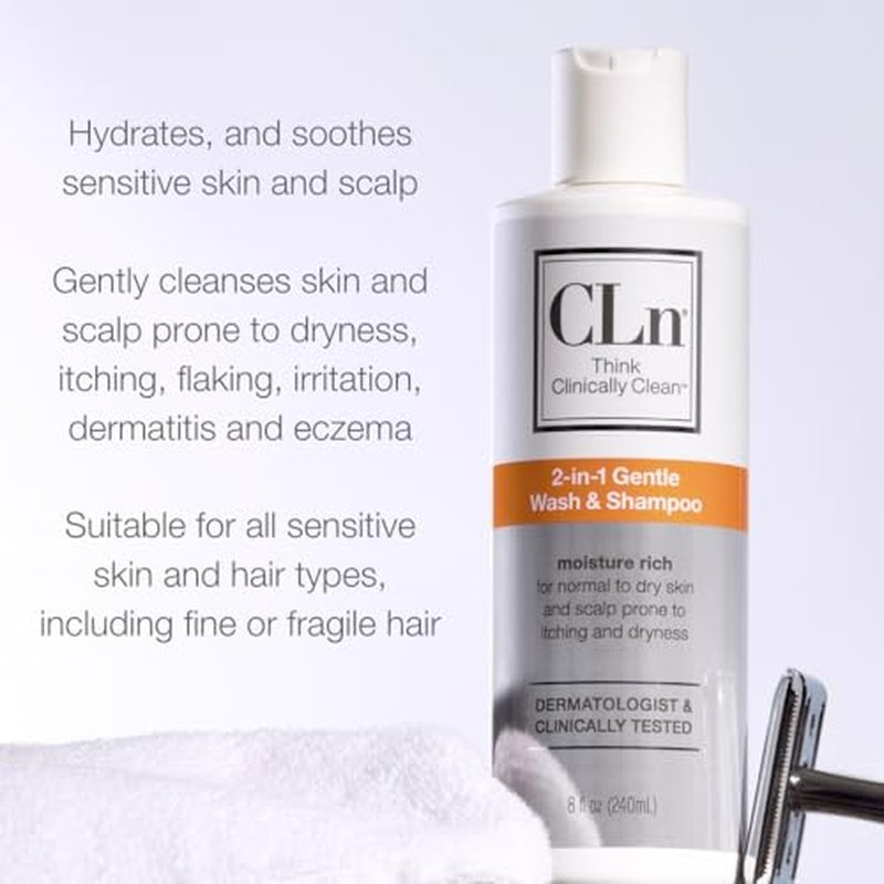 CLn¢ç 2-in-1 Gentle Wash & Shampoo- Multi-functional Cleanser for Skin & Scalp Prone to Irritation, Flaking, Itching, Dryness & Razor Bumps, Fragrance-Free & Paraben-Free, 8 fl. oz.