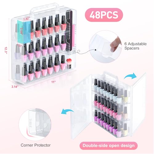 2 Pack Clear Nail Polish Organizer Case with Adjustable Dividers for 48 Bottles